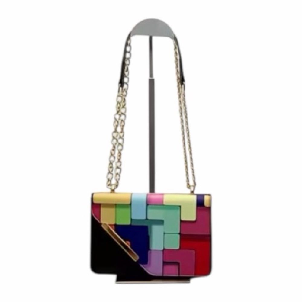 Colorblock Geometric Shoulder/Crossbody Bag With Chain Strap NWOT